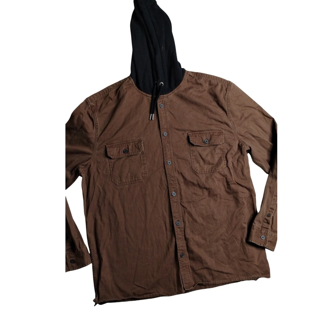 Aeropostale Men's XL Brown Canvas Button-Up Hooded Shirt Jacket Flannel Style